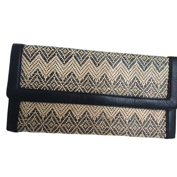 Banana Republic Grass Weave Black Leather Trim Clutch Wallet Envelope Purse 12" - Picture 2 of 12